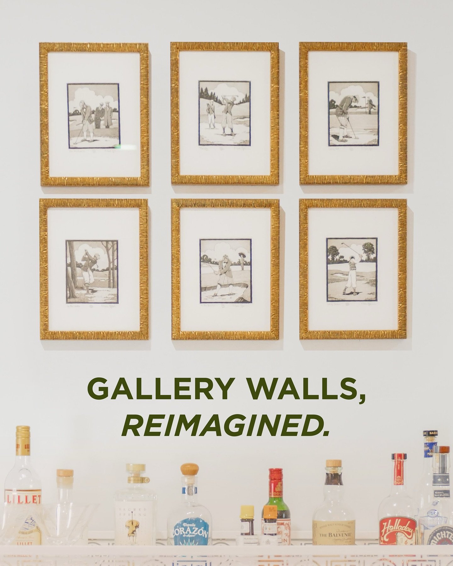 Gallery Walls, Reimagined.

This collection of golf drawings by artist Mark Spain was framed in textured gold moulding with black accents &mdash; a subtle yet striking choice that draws out the depth and detail of each piece.

Installed above a bar c
