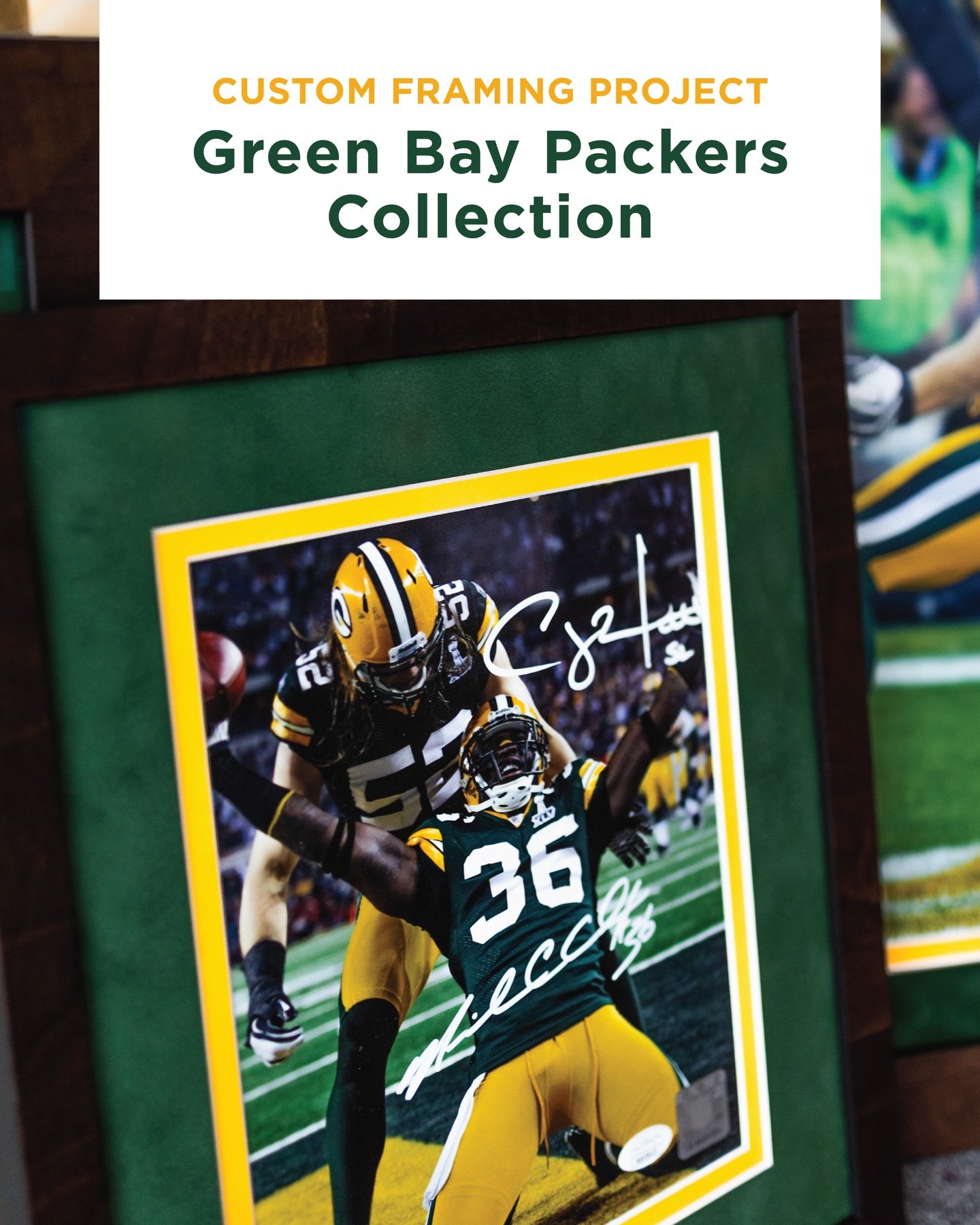 When a client brought in a collection of autographed Green Bay Packers photos, the goal was clear. Create a framing design that would honor the team while protecting the pieces for years to come.

We selected a rich walnut frame paired with custom ma