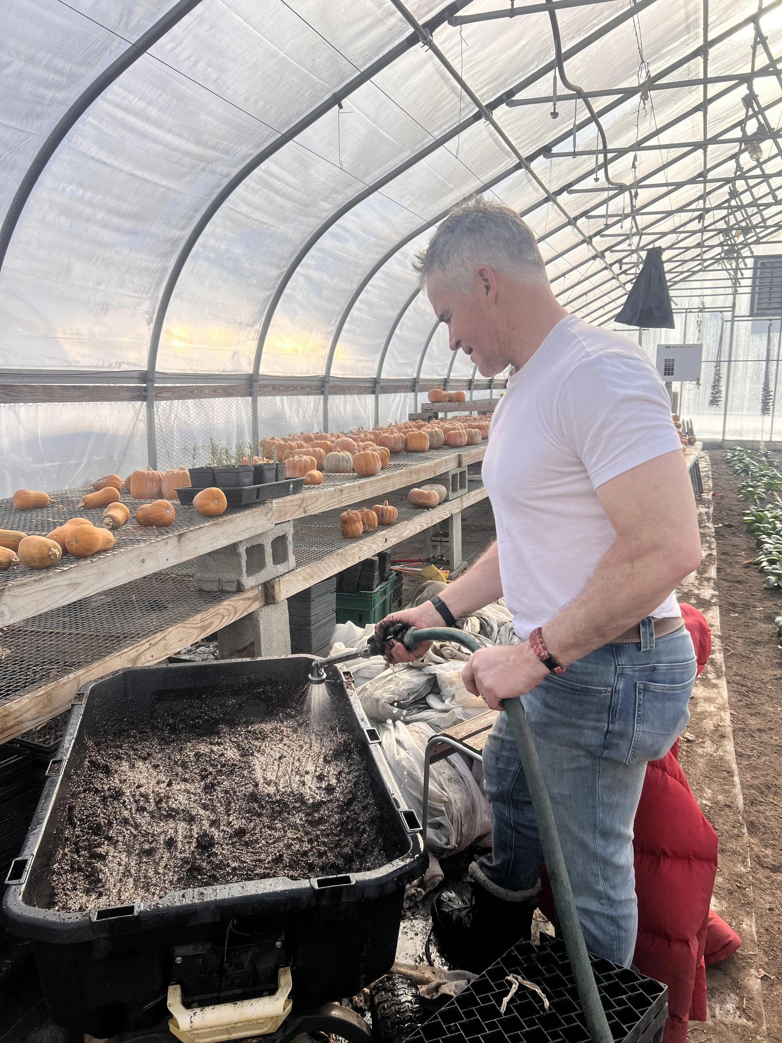 A man working at a soil bench inside a greenhouse in winter