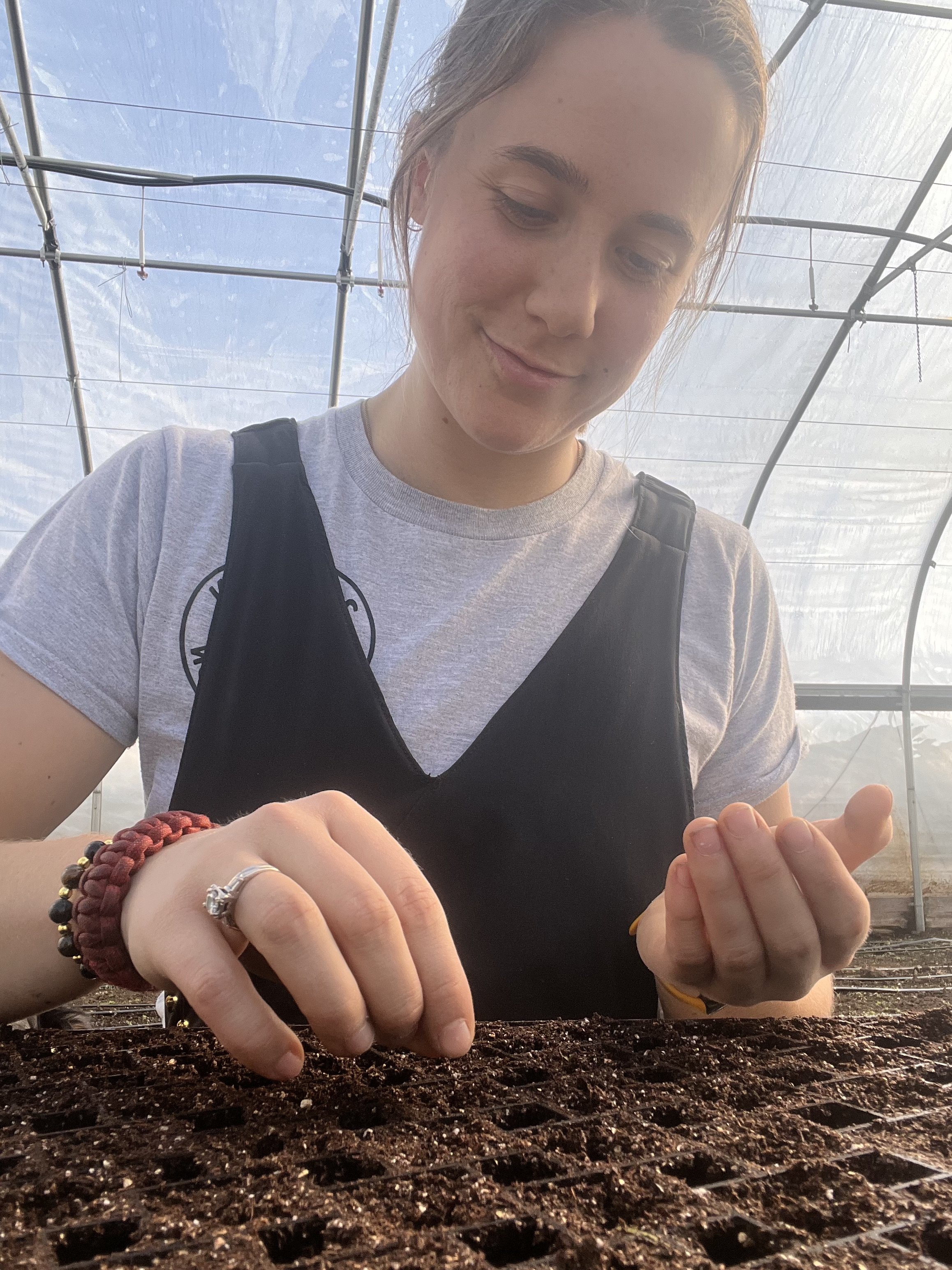 A woman in a greenhouse pressing seeds by hand into a tray of soil