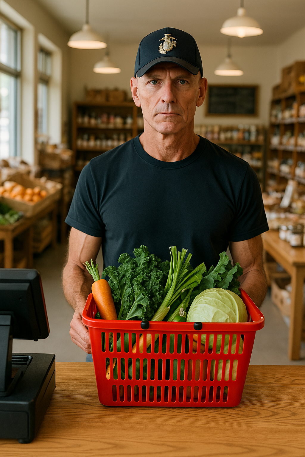 A man in a Marine Corps cap stands at the farm store counter with a red basket of kale, carrots and cabbage