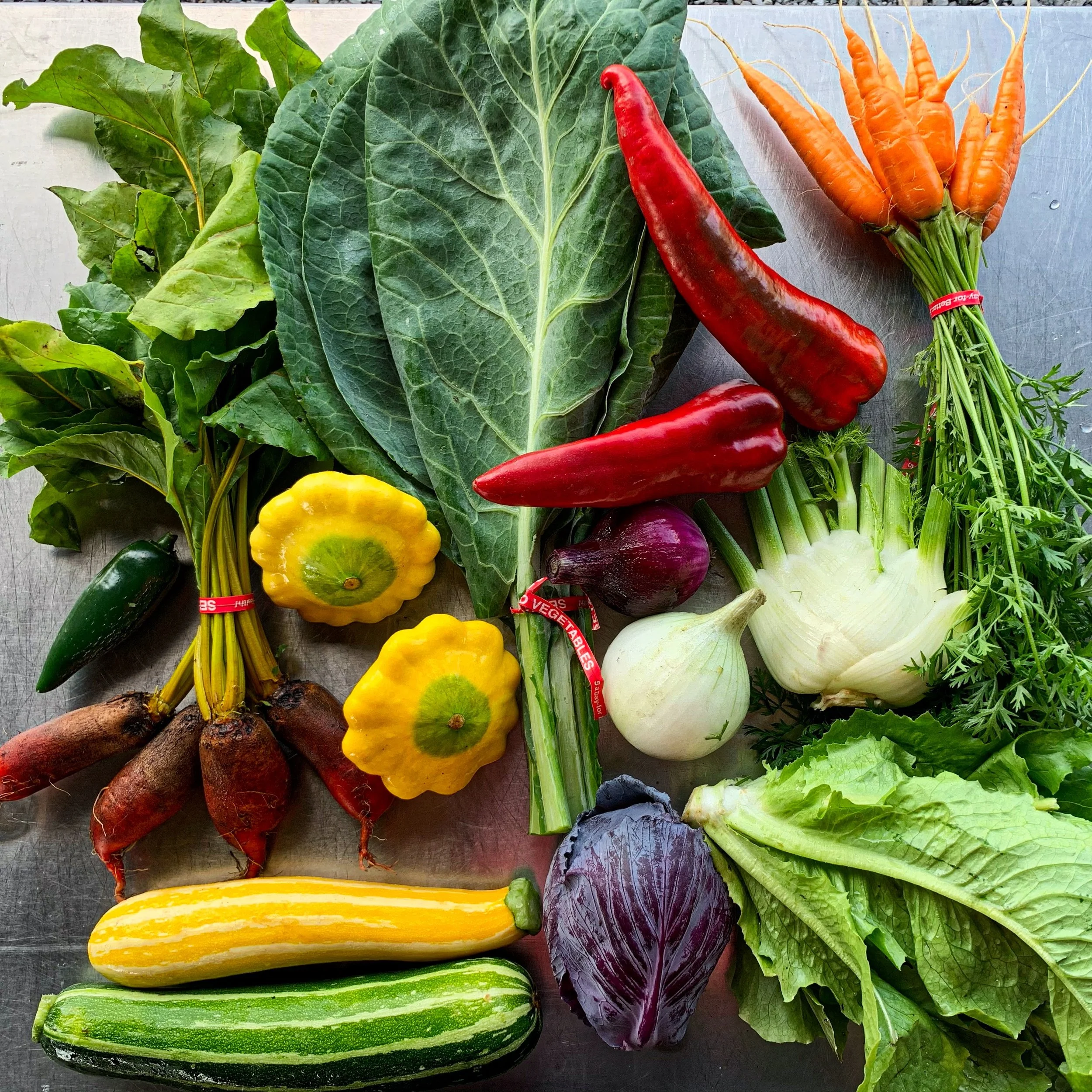 A colorful CSA share from Red Shirt Farm showing a diverse mix of freshly harvested summer vegetables