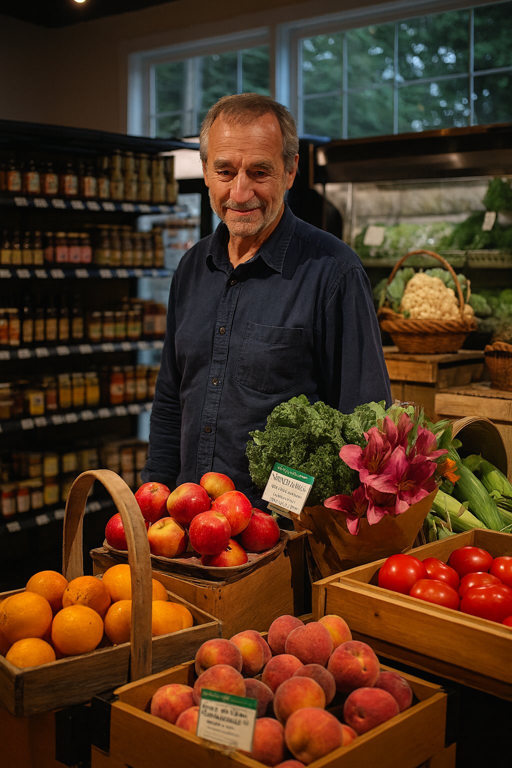 A smiling man standing behind baskets of apples, peaches, oranges and tomatoes at a produce stand