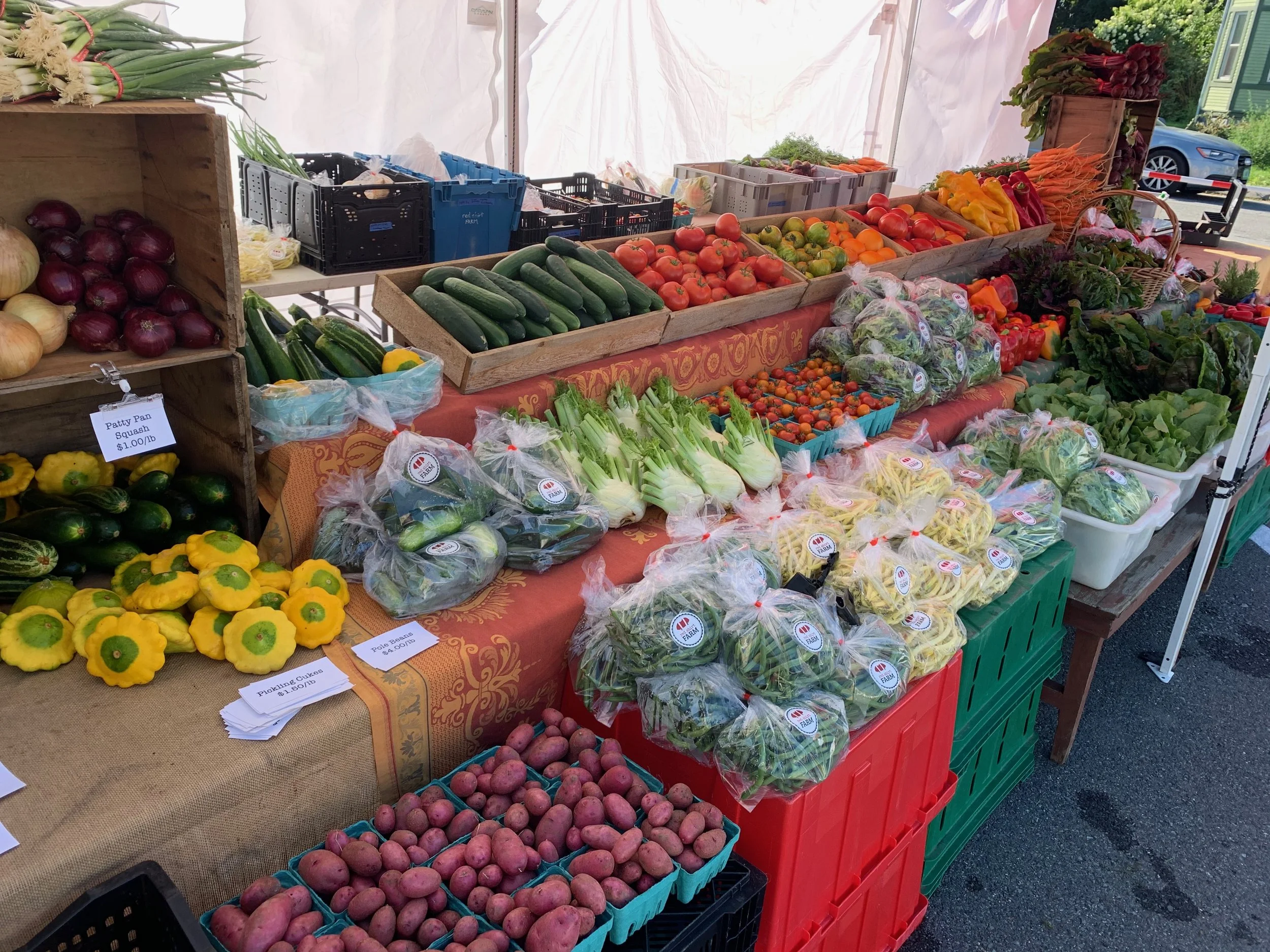 Red Shirt Farm's produce stand at the Pittsfield Farmers Market, with potatoes, squash, cucumbers, and greens