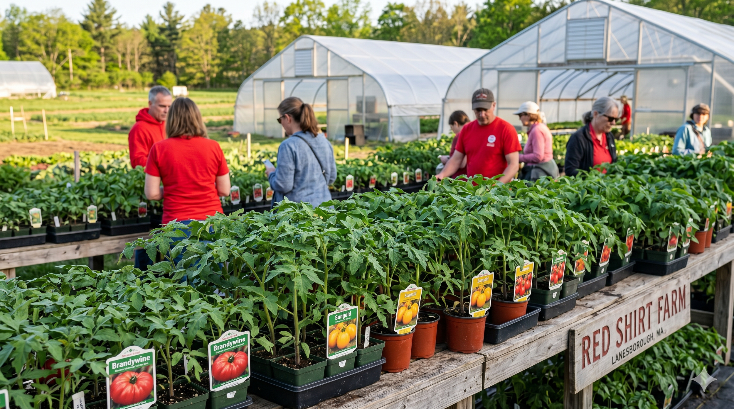 Customers and Red Shirt Farm staff at the annual plant sale, browsing rows of labeled tomato starts and vegetable seedlings with the greenhouse visible in the background