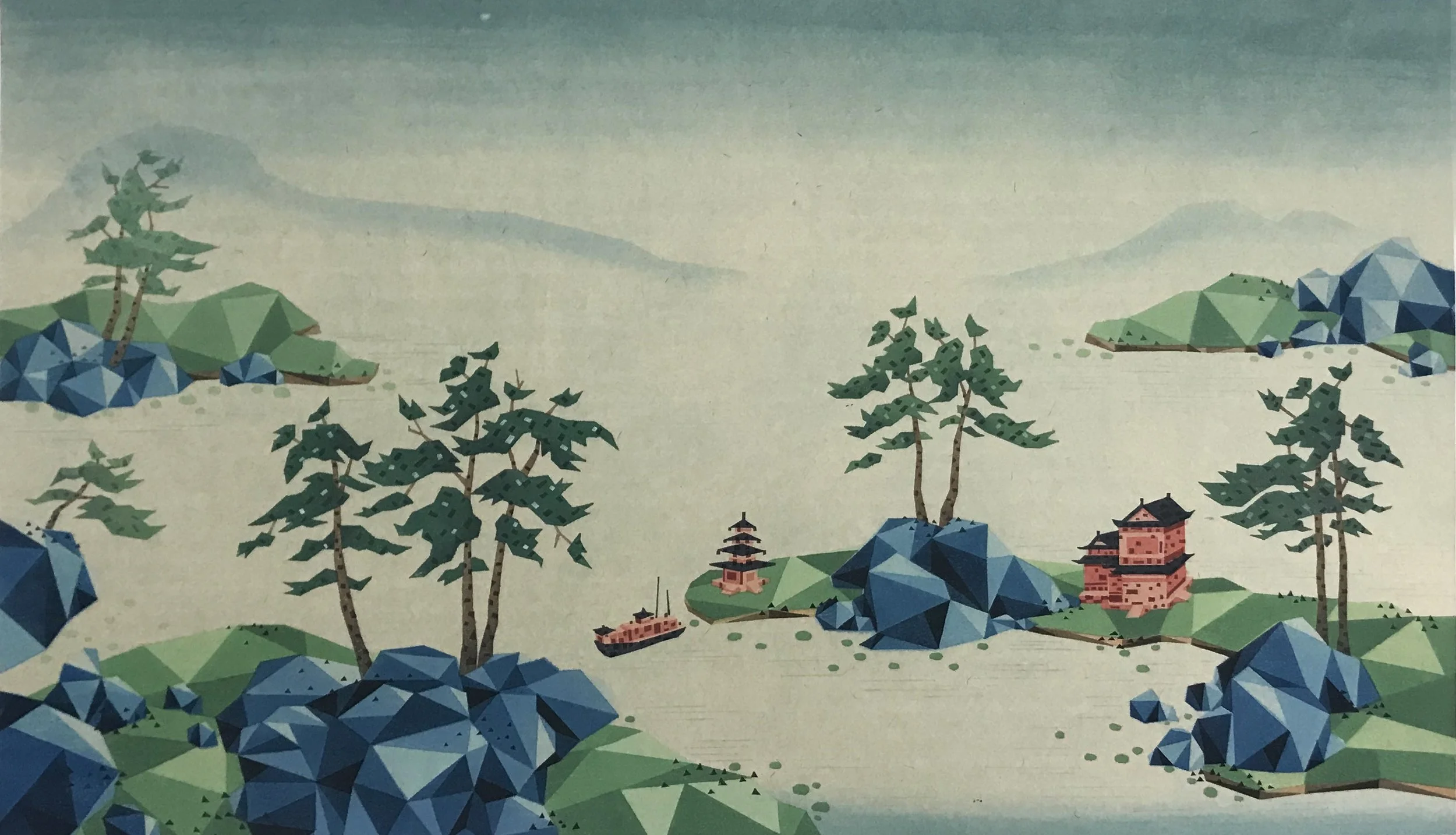 Scenery of Lake Xiang - Spring Trees in Twilight Clouds 湘湖六景 - 暮云春树， 2024.   Woodblock print with water-soluble colour,  Edition of 30, 50x85cm, £1250. 