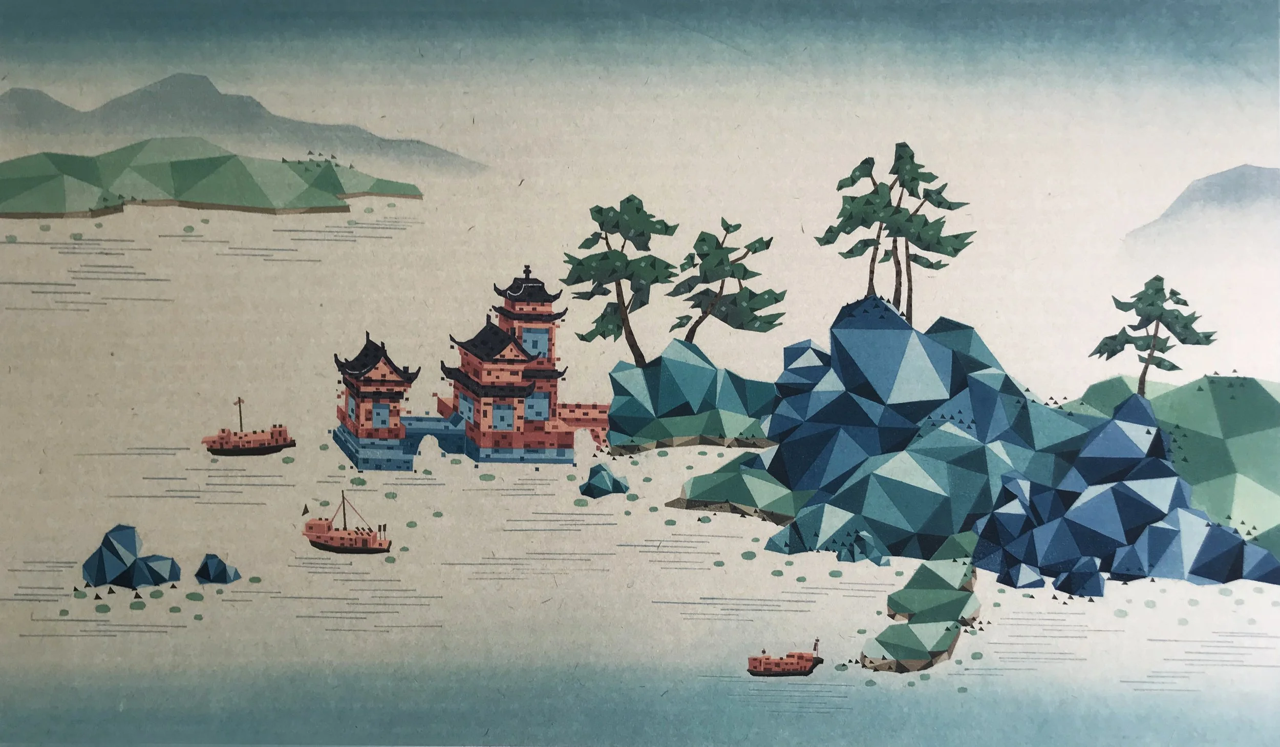 Scenery of Lake Xiang - Heavenly Palaces 湘湖六景 - 玉宇琼楼， 2024.   Woodblock print with water-soluble colour,  Edition of 30, 50x85cm, £1250. 