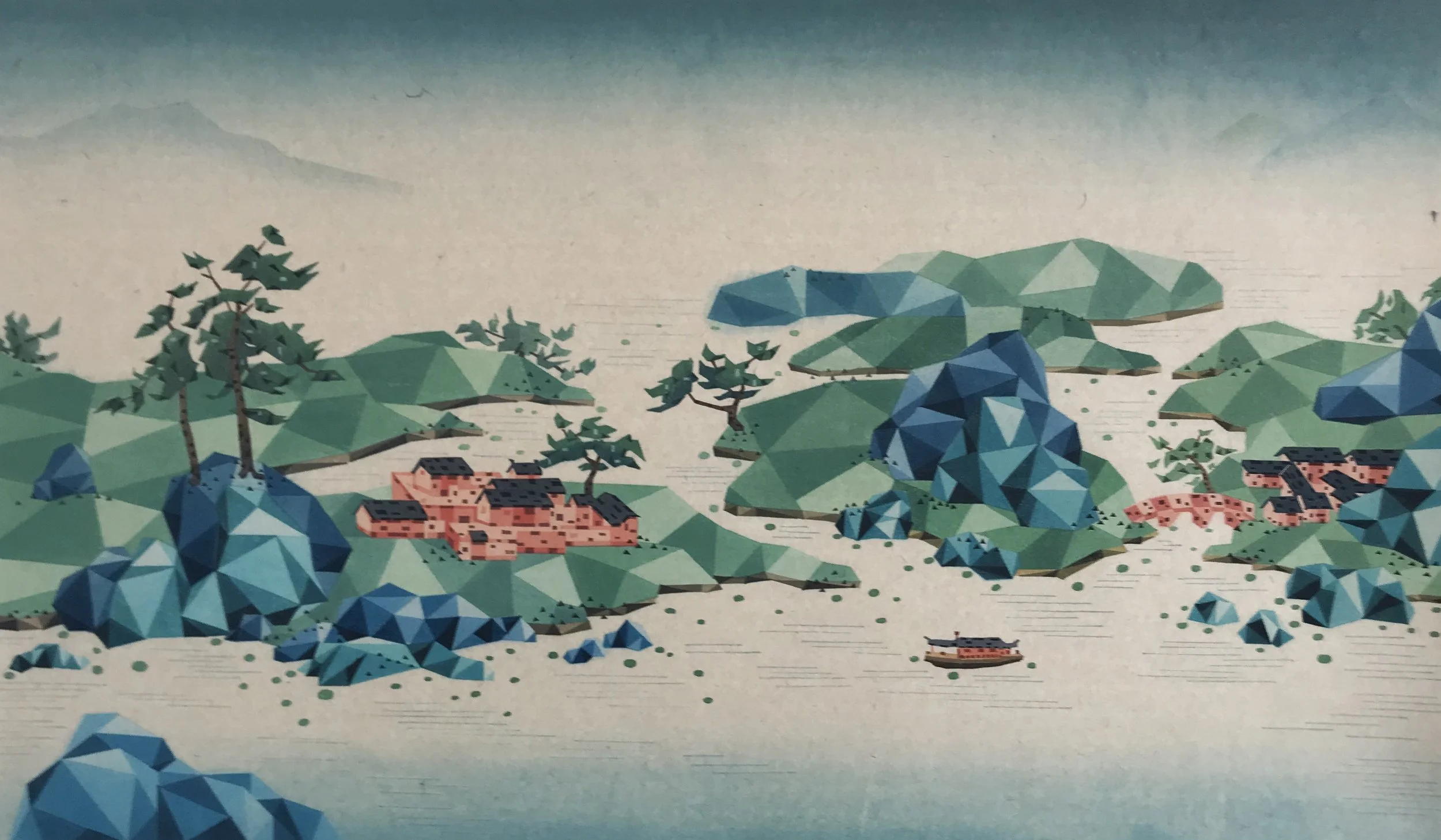 Scenery of Lake Xiang - In Search for Hidden Beauty 湘湖六景 - 寻幽探胜， 2024.   Woodblock print with water-soluble colour,  Edition of 30, 50x85cm, £1250. 