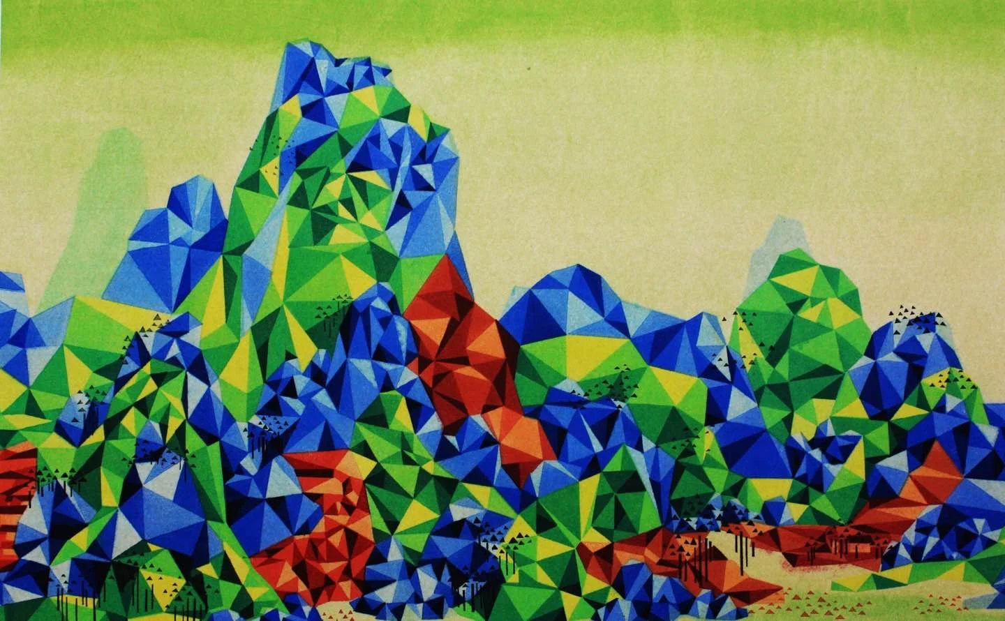 Reconstructed Landscapes 9, 重构山水 9， 2014， Woodblock print with water-soluble colour,  Edition of 30, 50x80cm, £1850. 