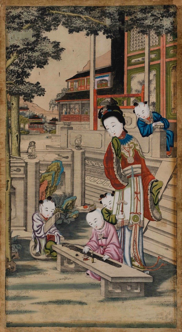Playing instruments – reproduction of a unique Qing Dynasty Qianlong Period Gusu print from the private collection of Christer von der Burg, 52×98 cm, £400