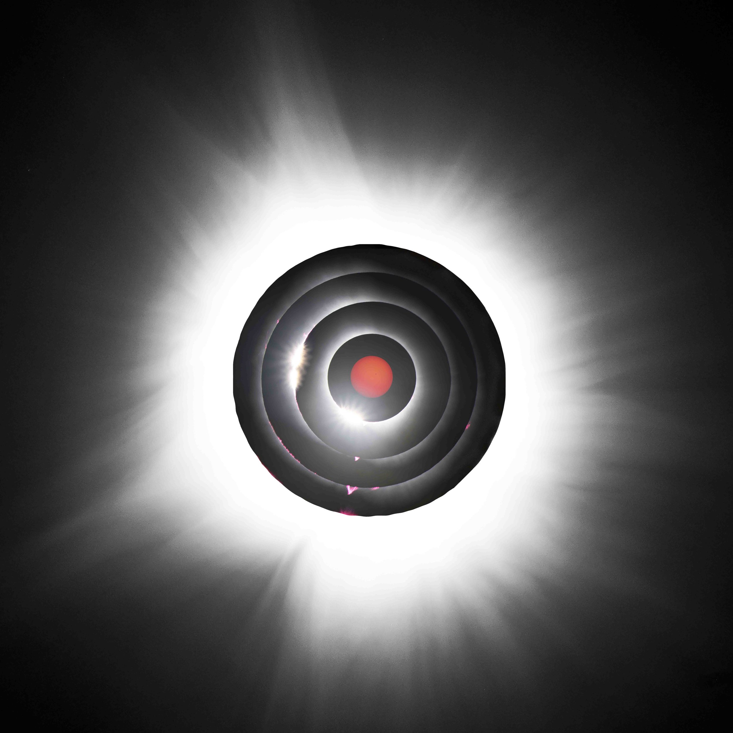 Totality phases shown in a bullseye shape. Full orange sun in the middle, ever growing rings display diamond ring effect, baily's beads, solar prominence, and bright white corona burst around the outside. On a stark black background.