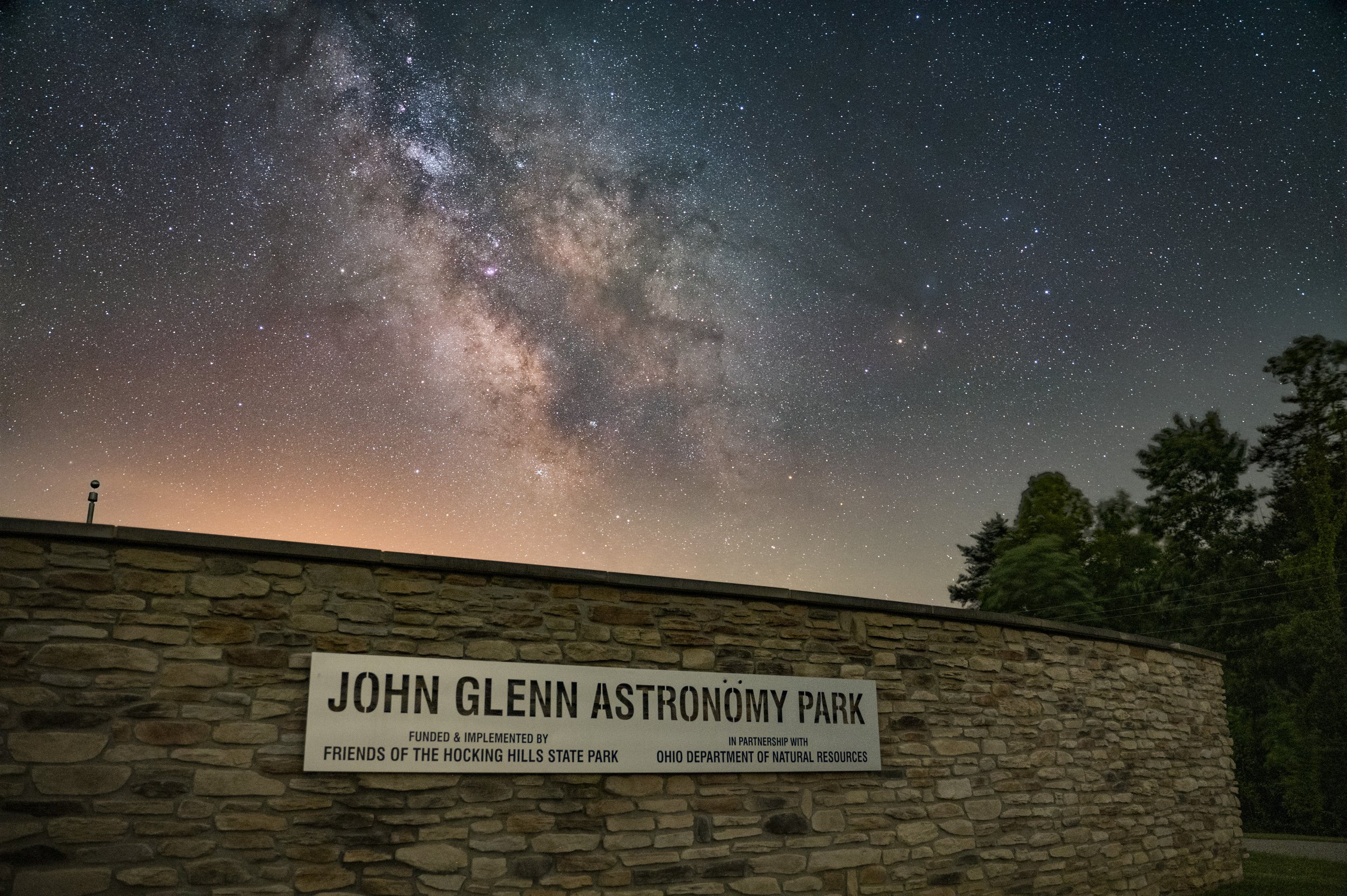 Image Name: JGAP sign Milky Way.   John Glenn Astronomy Park is in the Hocking Hills region of Ohio. It is always open, and has the most easily accessible darkest skies anywhere near me. JGAP is my "home" dark sky location. The place I go to test new