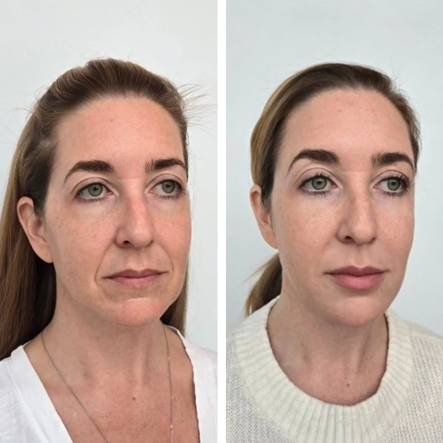 Side-by-side comparison of a woman before and after makeup application, with visible difference in skin tone, eye makeup, and hairstyle.