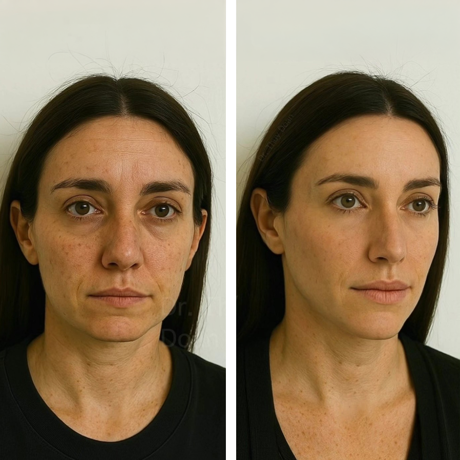 Side-by-side comparison of a woman's face before and after skincare or cosmetic treatment, showing reduced redness and improved skin texture.