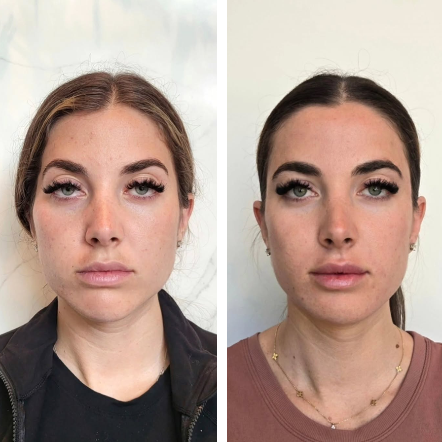 Comparison of a woman with natural makeup on the left and with fuller makeup on the right, both with similar hairstyles, against a light background.