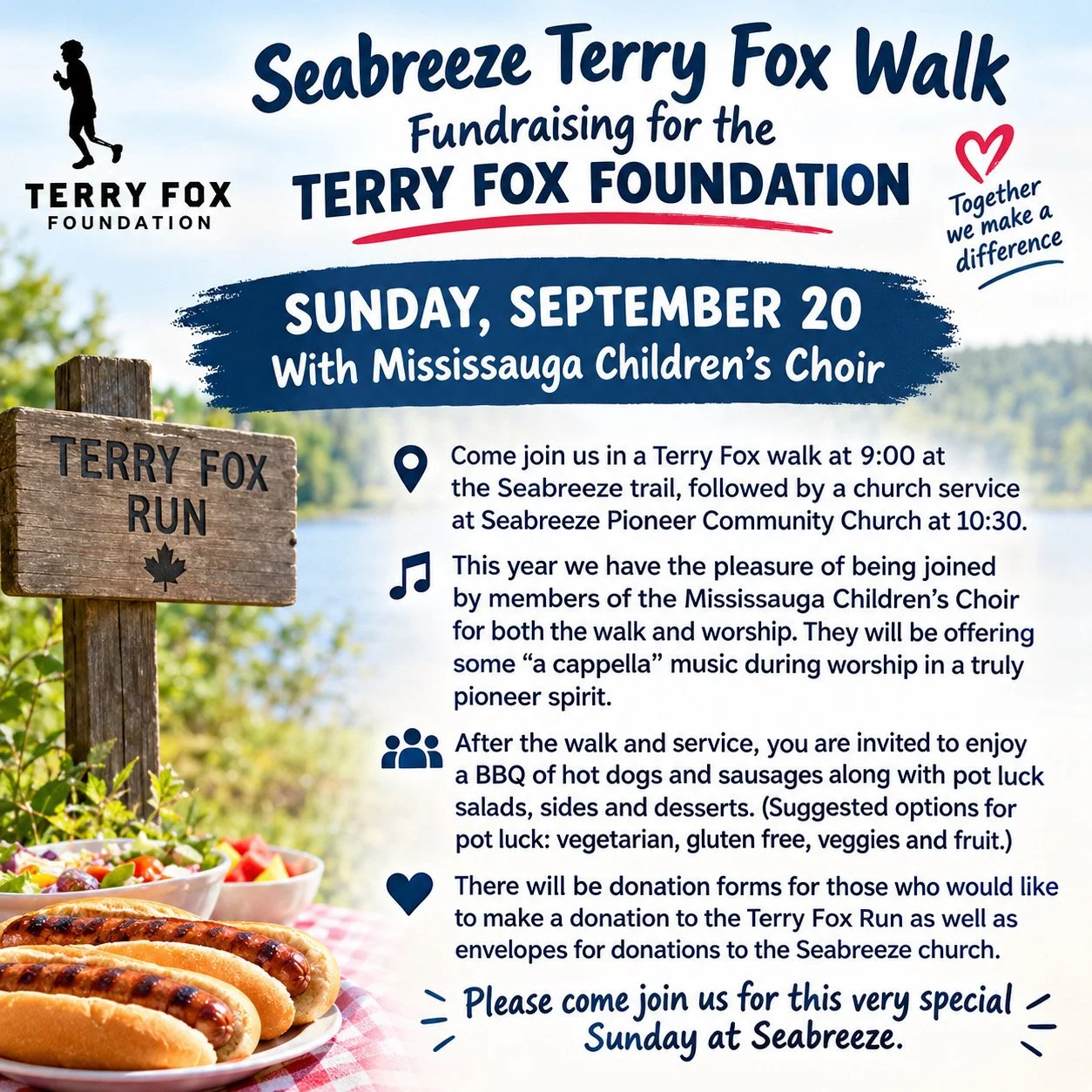 Seabreeze Terry Fox Walk 9:00, Church Service 10:30