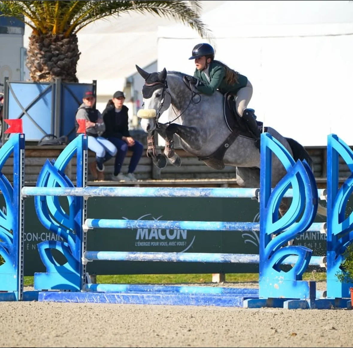 A female equestrian rider wearing a green jacket, beige riding pants, and a helmet, jumping a gray horse over a blue show jumping obstacle with a design that resembles stylized leaves or flames. Two spectators are seated nearby, watching the event.