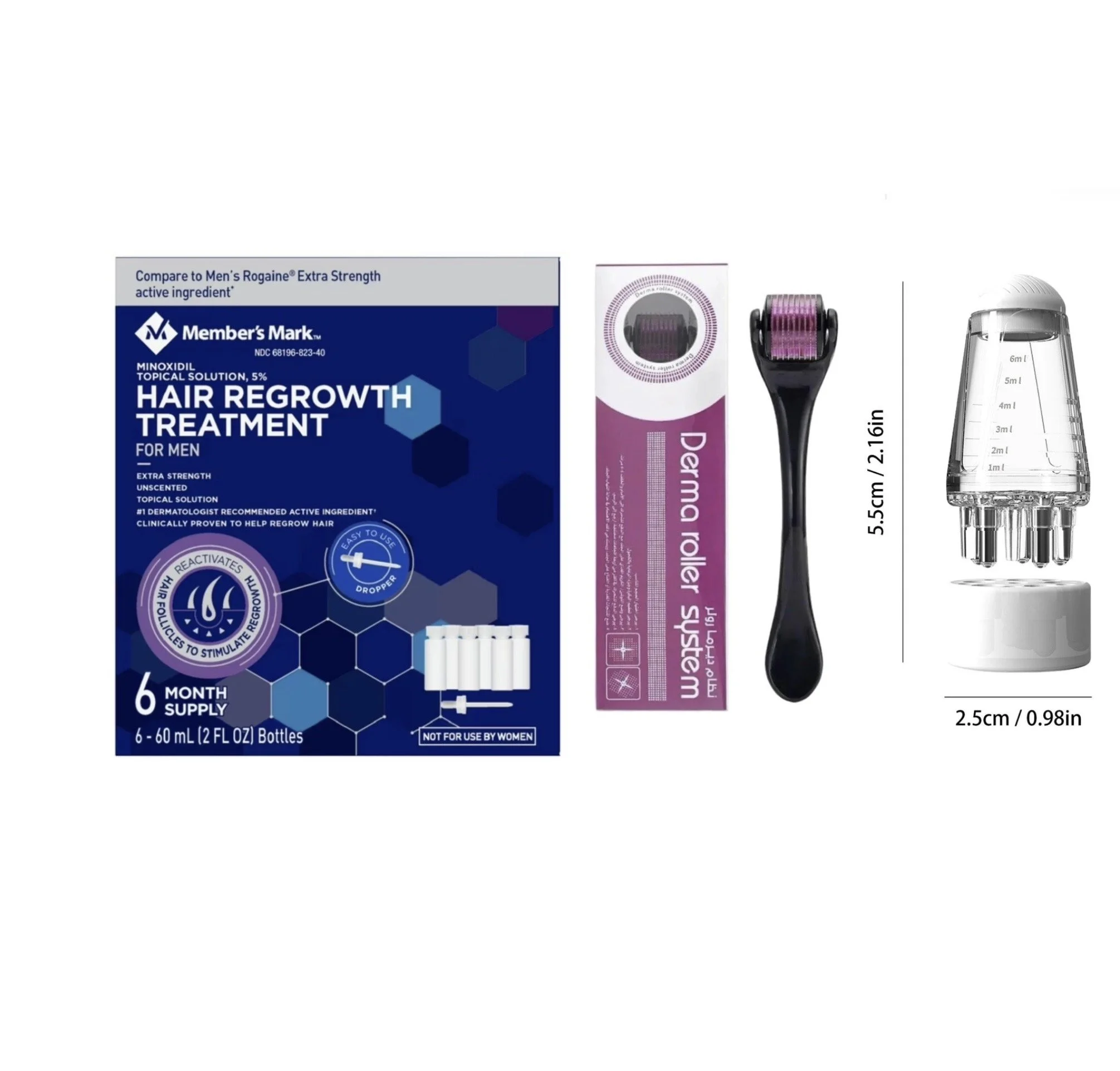 MEMBERS MARK 5% MINOXIDIL SOLUTION - 6 MONTH SUPPLY WITH DERMA ROLLER & SCALP APPLICATOR