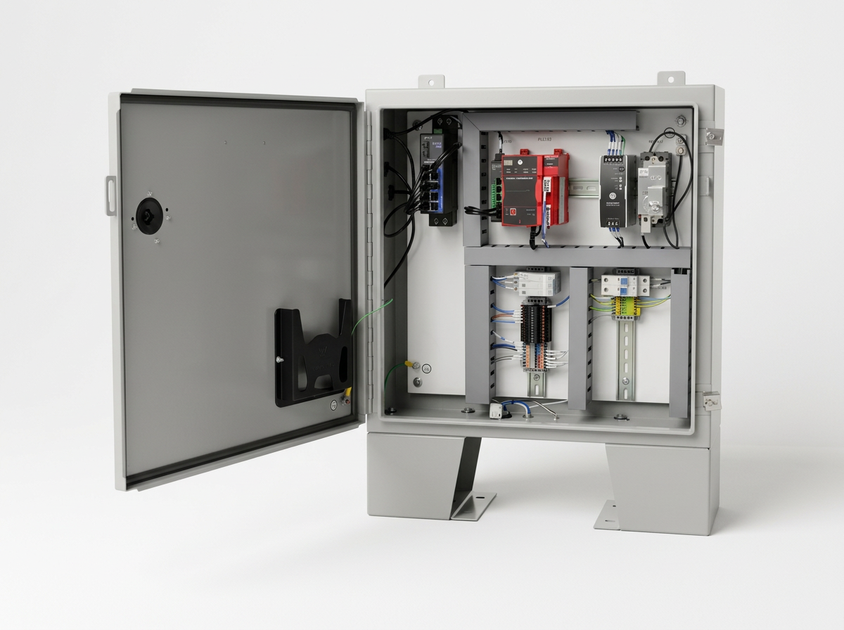 Industrial PLC control panel with Allen-Bradley controller, networking equipment and electrical components