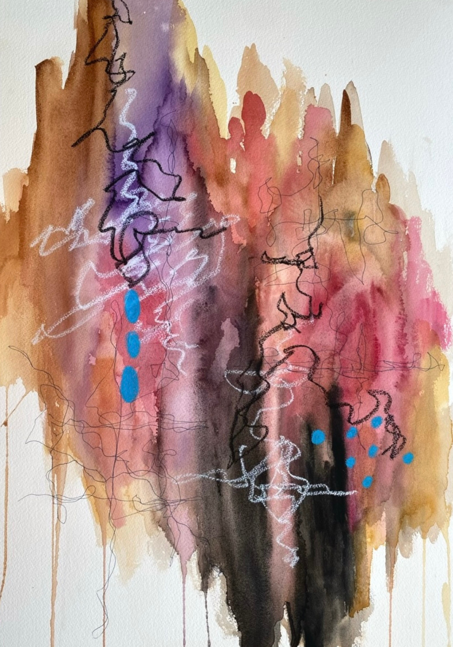 Abstract watercolor painting with drips and splashes in earthy tones of brown, purple, pink, and black, with scattered blue dots and black squiggly lines.