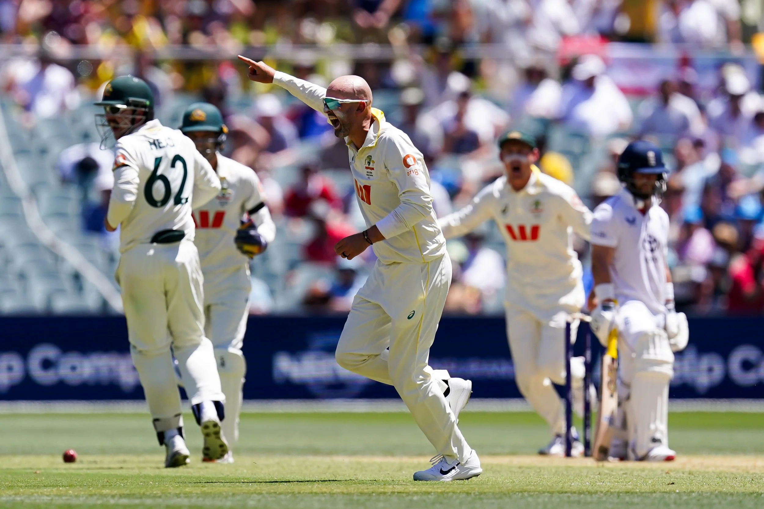 Cricket players celebrating on the field during a match, with an audience in the stands.