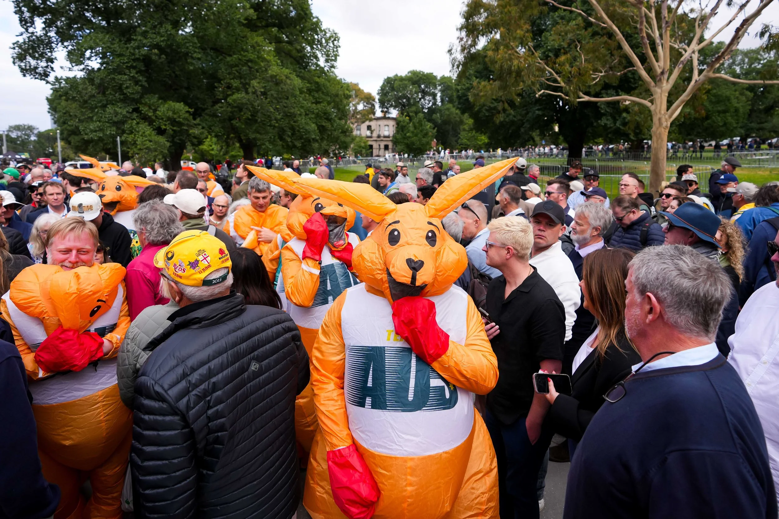 Crowd gathered outdoors for a parade or event, with several people dressed in Kangeroo costumes and other people wearing casual clothing and hats.