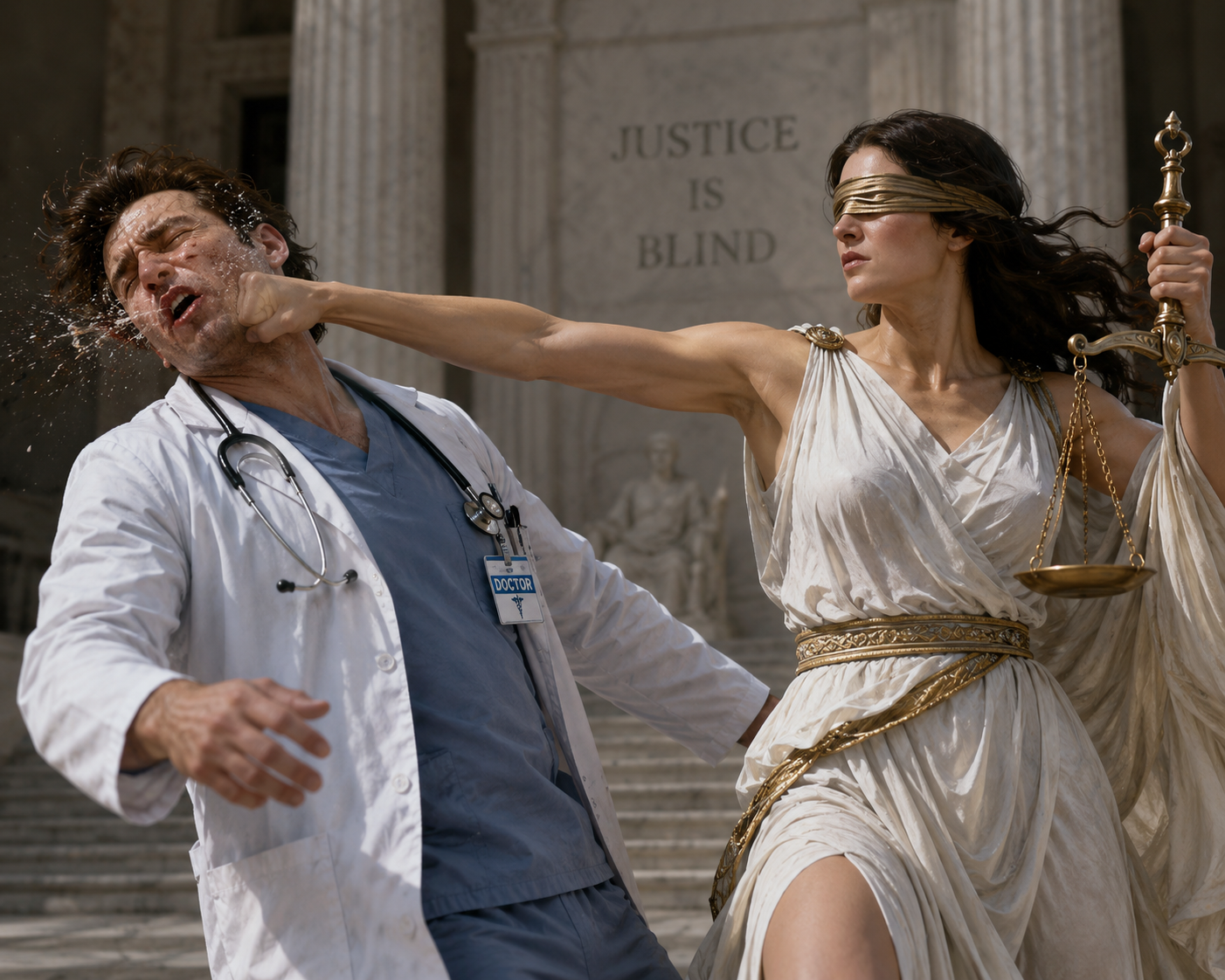Lady justice carrying her scales in one hand and punching a doctor in the fact with the other.