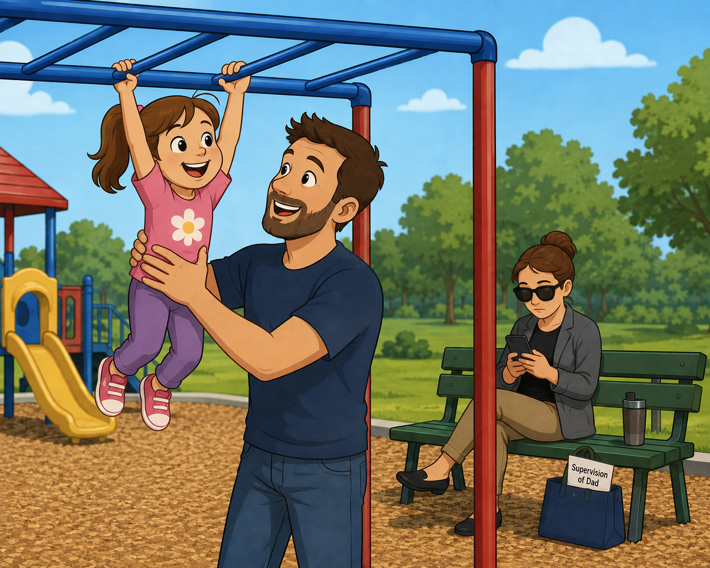 Father helping daughter on climbing bars while parenting supervisor sits on a bench ignoring the parenting time for her phone.