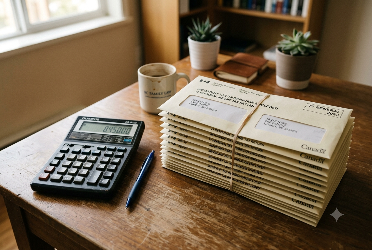 A clean, slightly somber desktop scene: a stack of unopened tax-return envelopes with T1 forms beside a calculator and a pen, warm natural light, no faces.