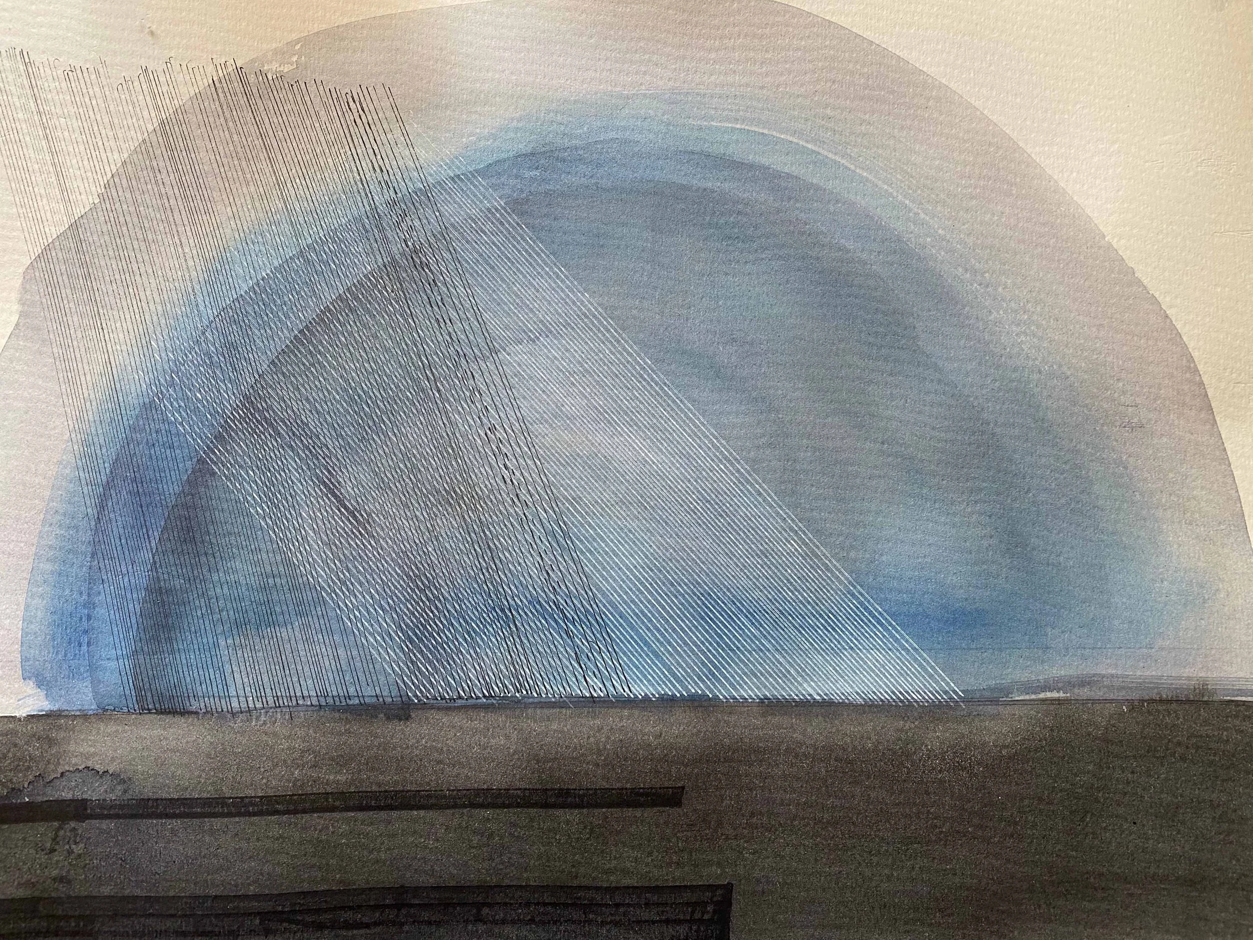 Abstract artwork with curved shapes, lines, and shades of blue, gray, and black.