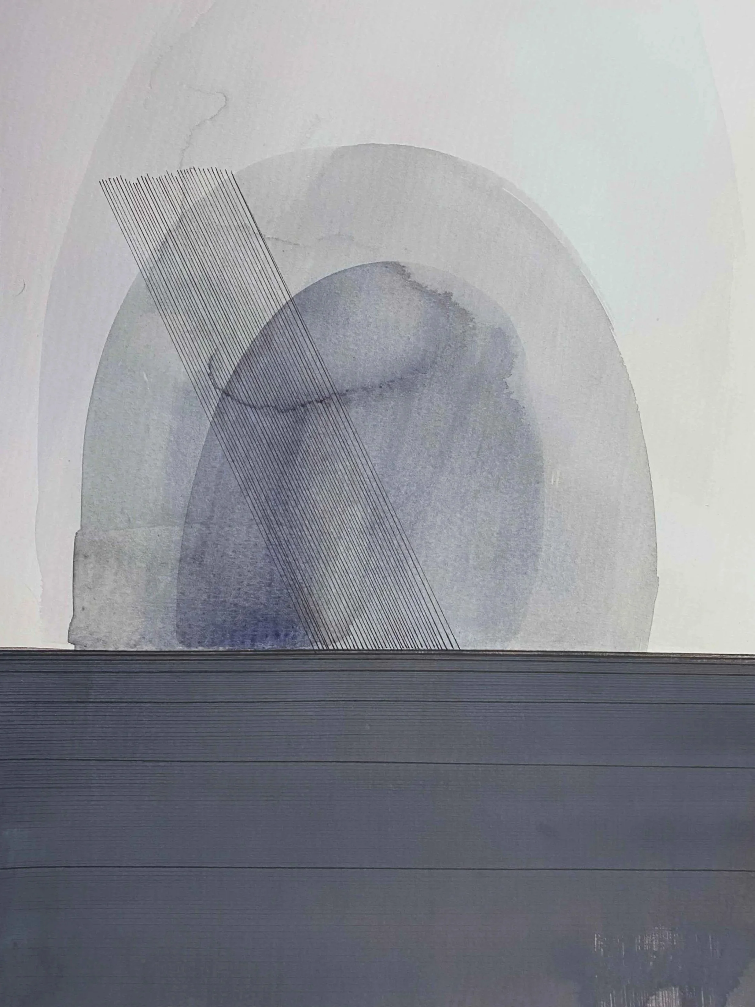 Abstract digital artwork with gray and black circular shapes, diagonal lines, and horizontal lines at the bottom.