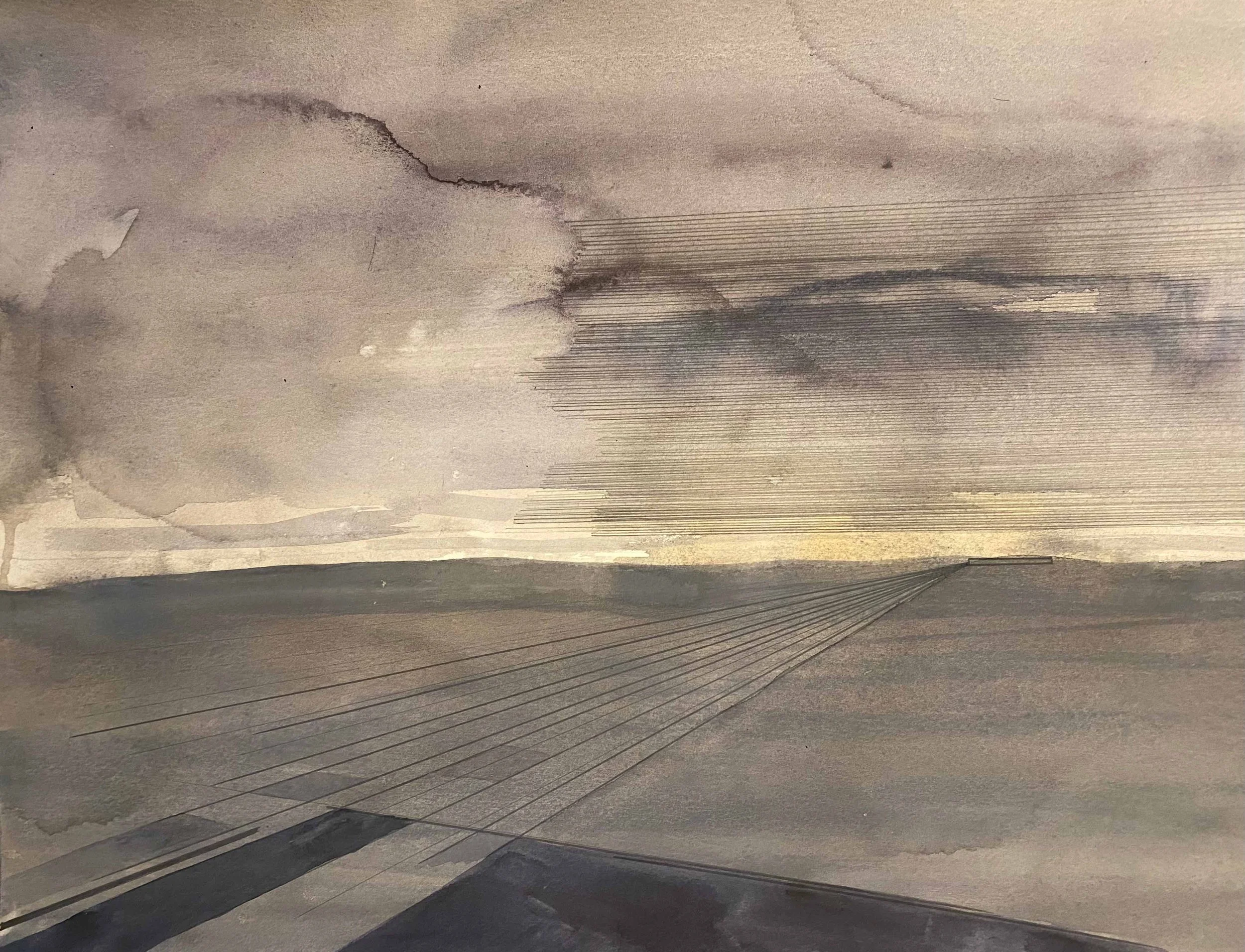 Watercolor painting of a bridge over a body of water with cloudy sky