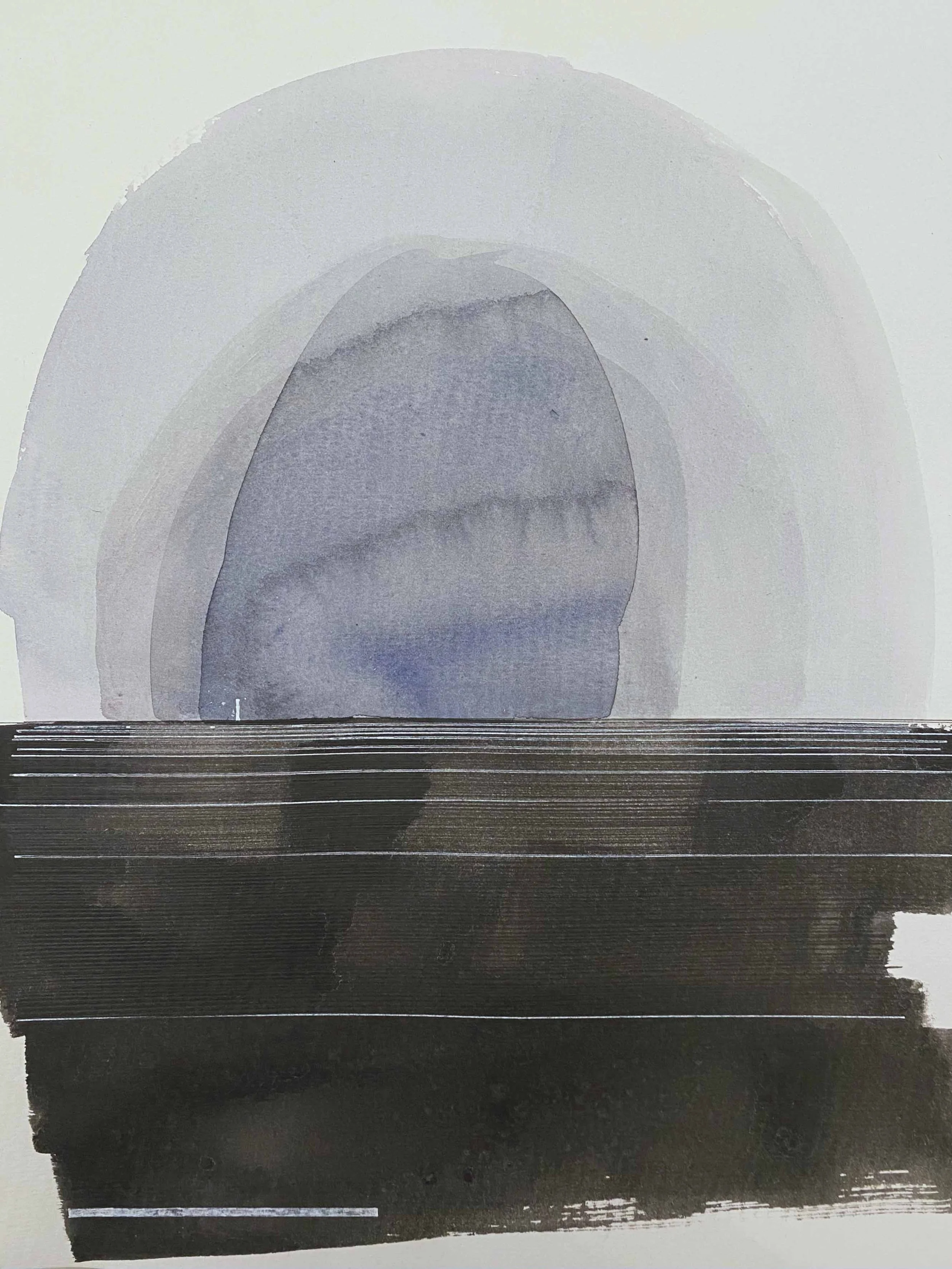 Abstract watercolor painting with gray and black hues, featuring a central oval shape with gradient shading and horizontal streaks across the bottom.