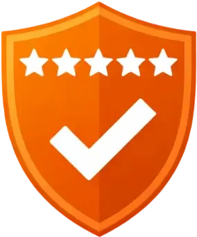 Orange shield with five white stars and a checkmark.
