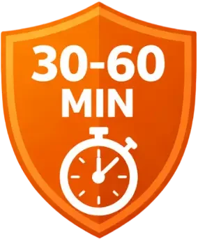 Orange shield with white text '30-60 MIN' and a stopwatch icon below, indicating a timed duration.