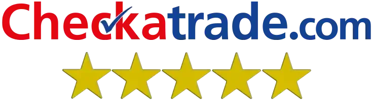 Checkatrade.com logo with red and blue text and a white checkmark, five gold stars underneath.
