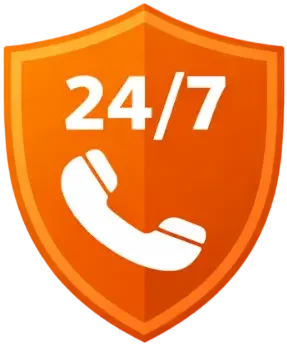 Orange shield emblem with a phone receiver icon and the text '24/7' indicating 24-hour availability.