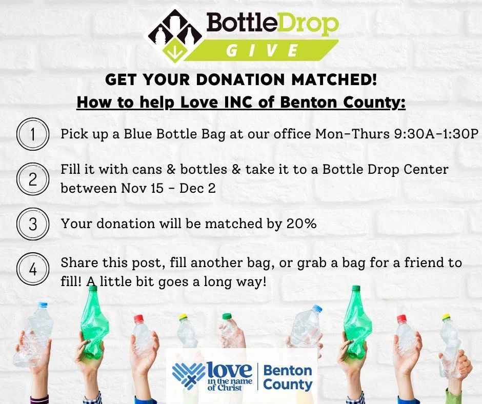 Heads up! Bottle Drop is matching donations by 20% during Nov 15-Dec 2! Stop by our office to grab some blue bags, fill them up, and drop them at a Bottle Drop location. A little goes a long way!