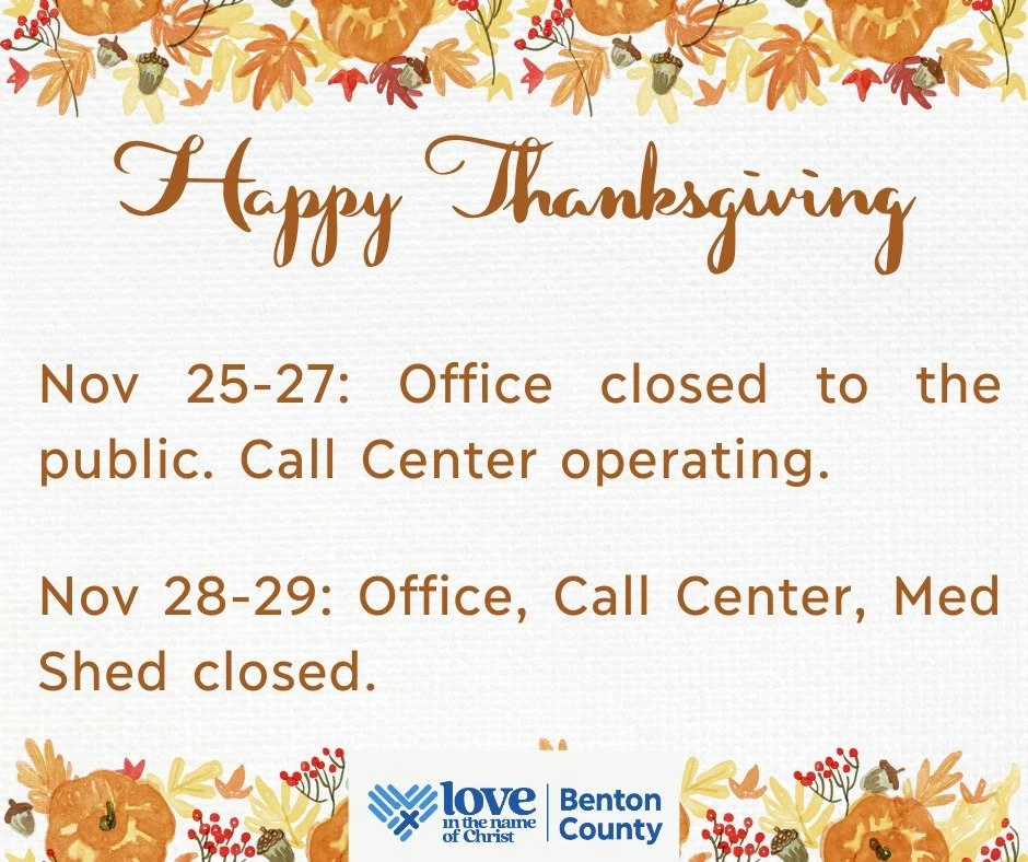 Heads up!! Our office will be closed to the public Nov 25-27, but staff and volunteers will be returning calls. Nov 28-29 the office, call center, and Med Shed will all be closed in observance of Thanksgiving.