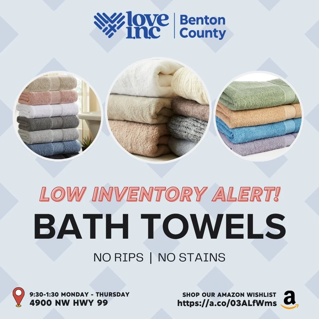 Bath towels may seem small, but they meet a big need for families in our community. Right now, our inventory is running low and we could use your help restocking!

We&rsquo;re currently accepting:
🛁 Bath towels
✔️ No rips
✔️ No stains

Donations can