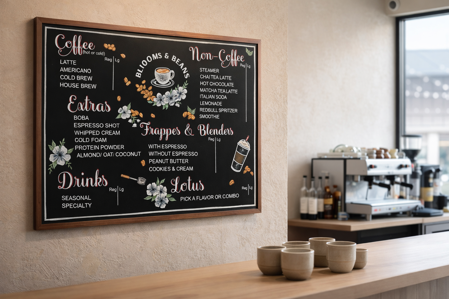 BLOOMS & BEANS - Custom Cafe Chalkboard Menu Board I Creighton, Nebraska

Hand-lettered cafe menu board designed to organize drinks and baked goods into clear sections while reinforcing the cafes warm, handcrafted brand identity.