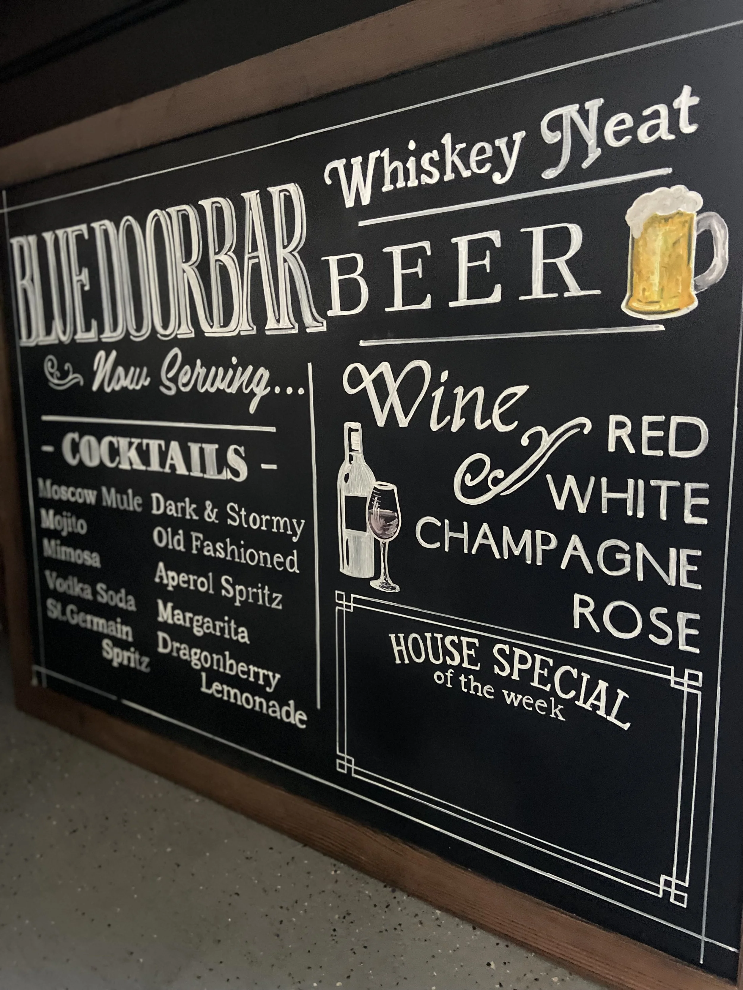 Bar Menu Detail Angle
Close-up of hand-lettered bar menu showcasing crisp linework, vintage typography, and premium chalk illustration technique.