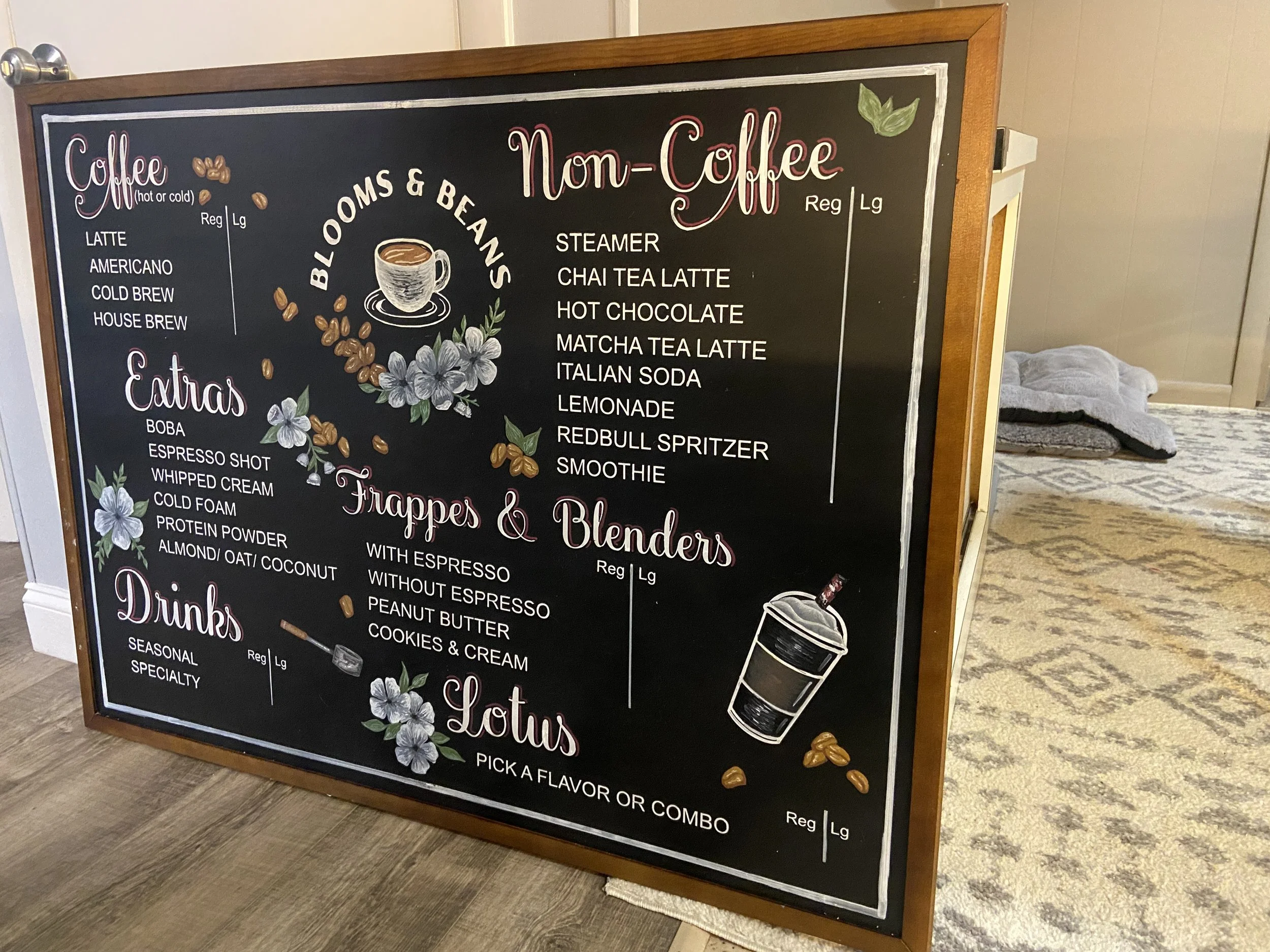Coffee Menu Angled Detail
Angled view of café chalkboard menu highlighting layered lettering, botanical illustrations, and premium chalk textures.