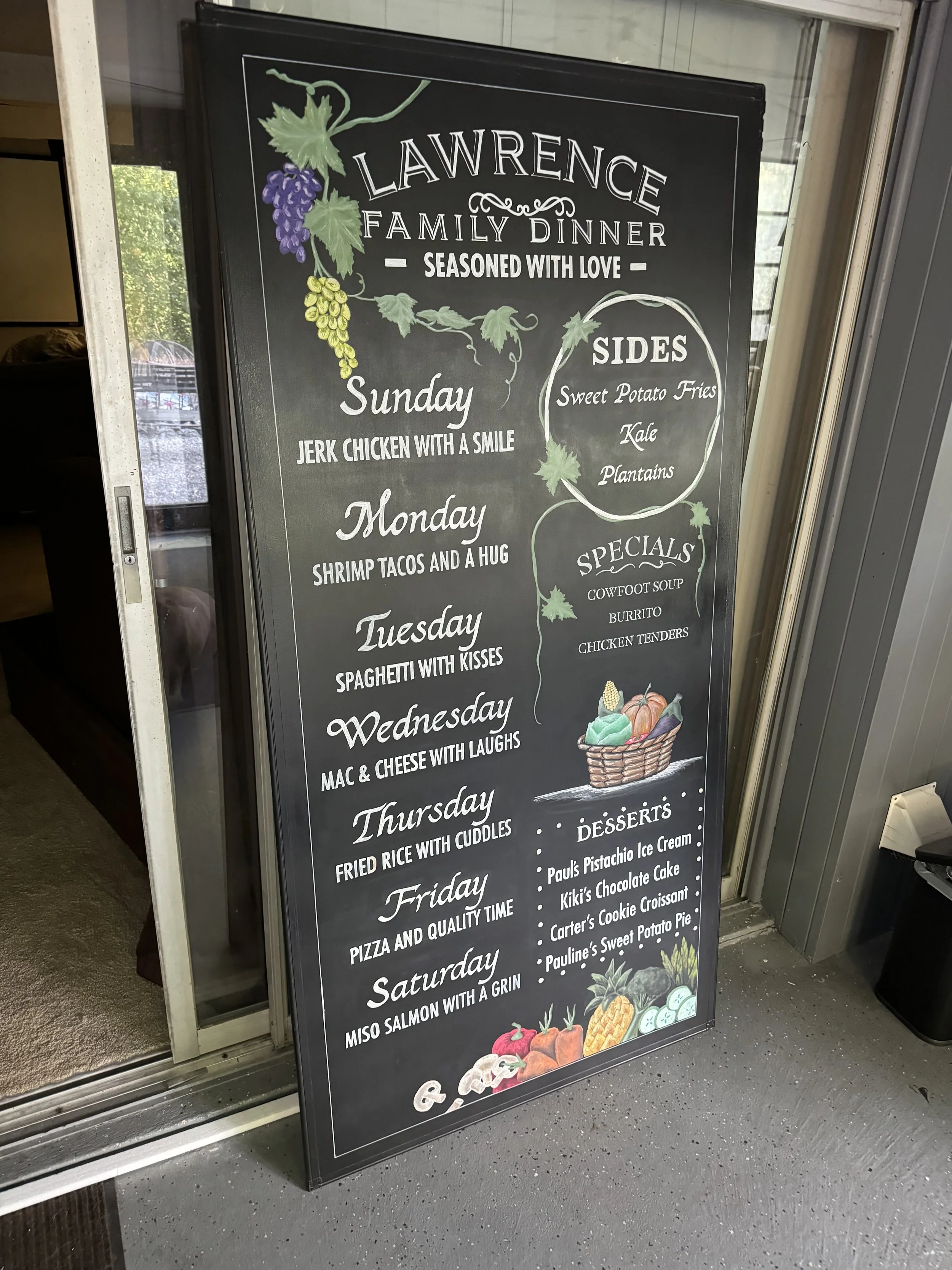 Weekly Menu Full View
Tall-format chalkboard menu featuring daily specials, sides, and desserts—perfect for cafés and community kitchens.