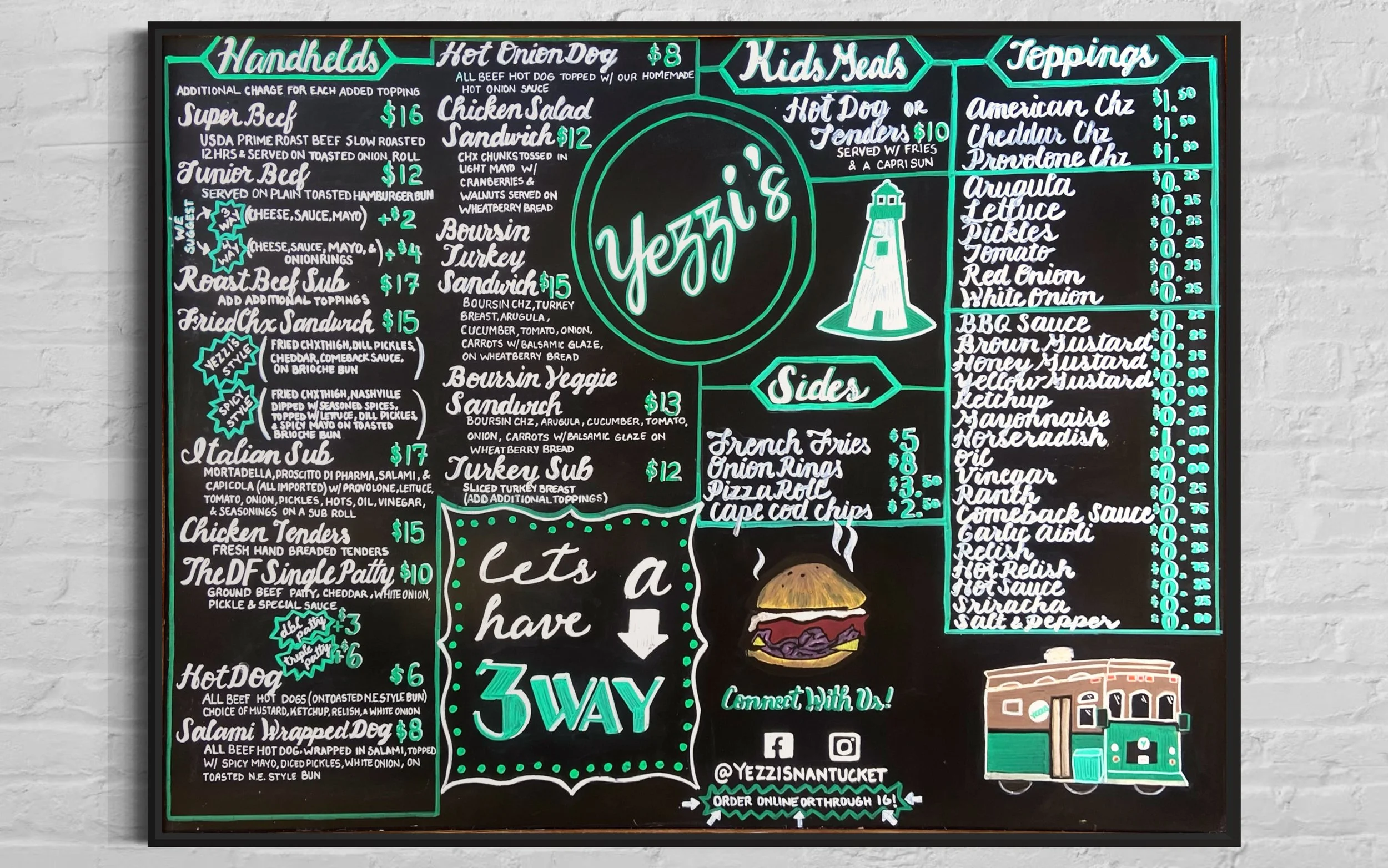 Yezzi’s Full Survice Menu Board. Large-scale chalkboard menu with custom lettering, pricing clarity, illustrations, and brand-forward layout for fast-paced restaurants.