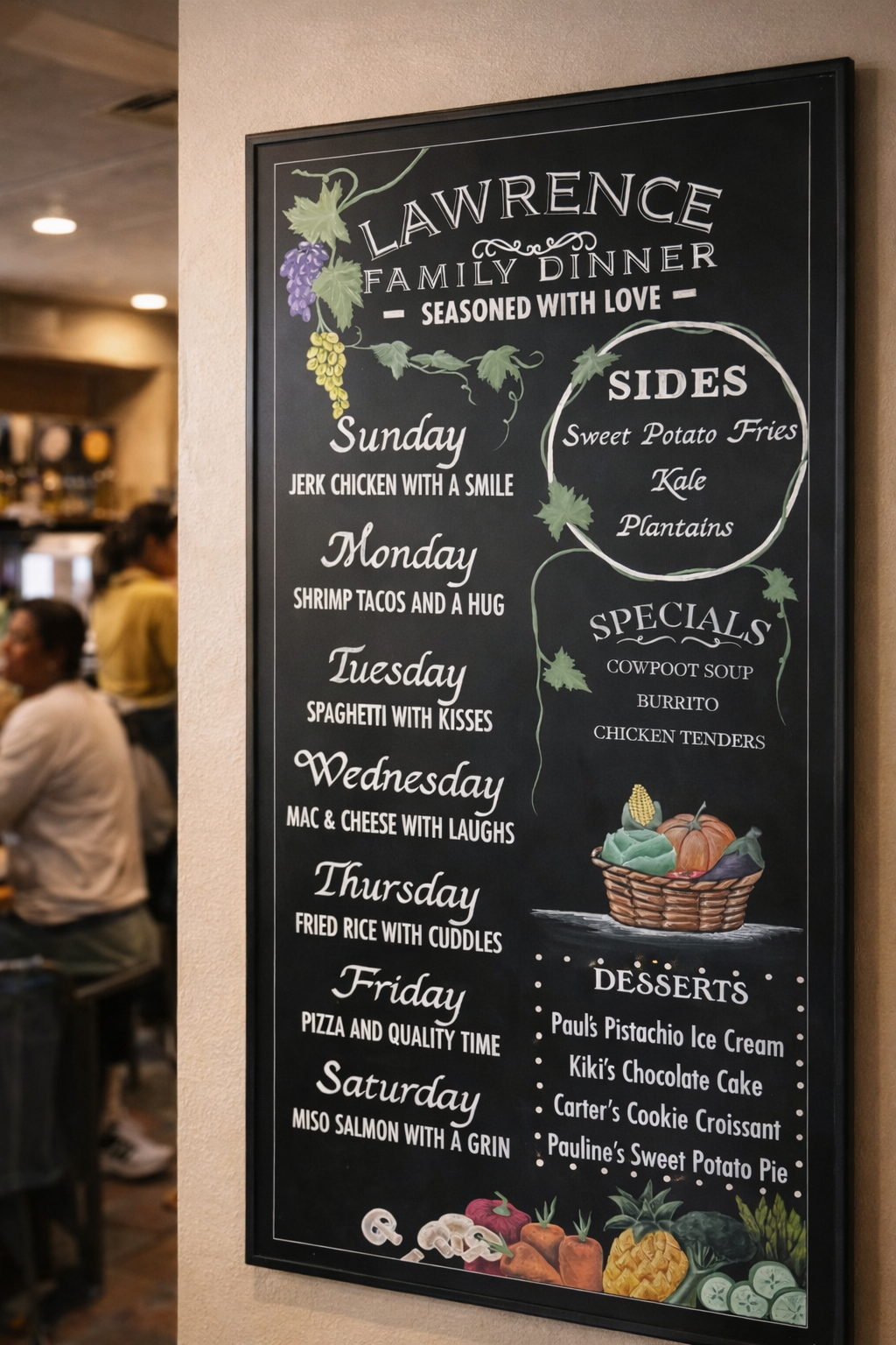 Hand lettered restaurant chalkboard menu board design installed inside restaurant dining space.