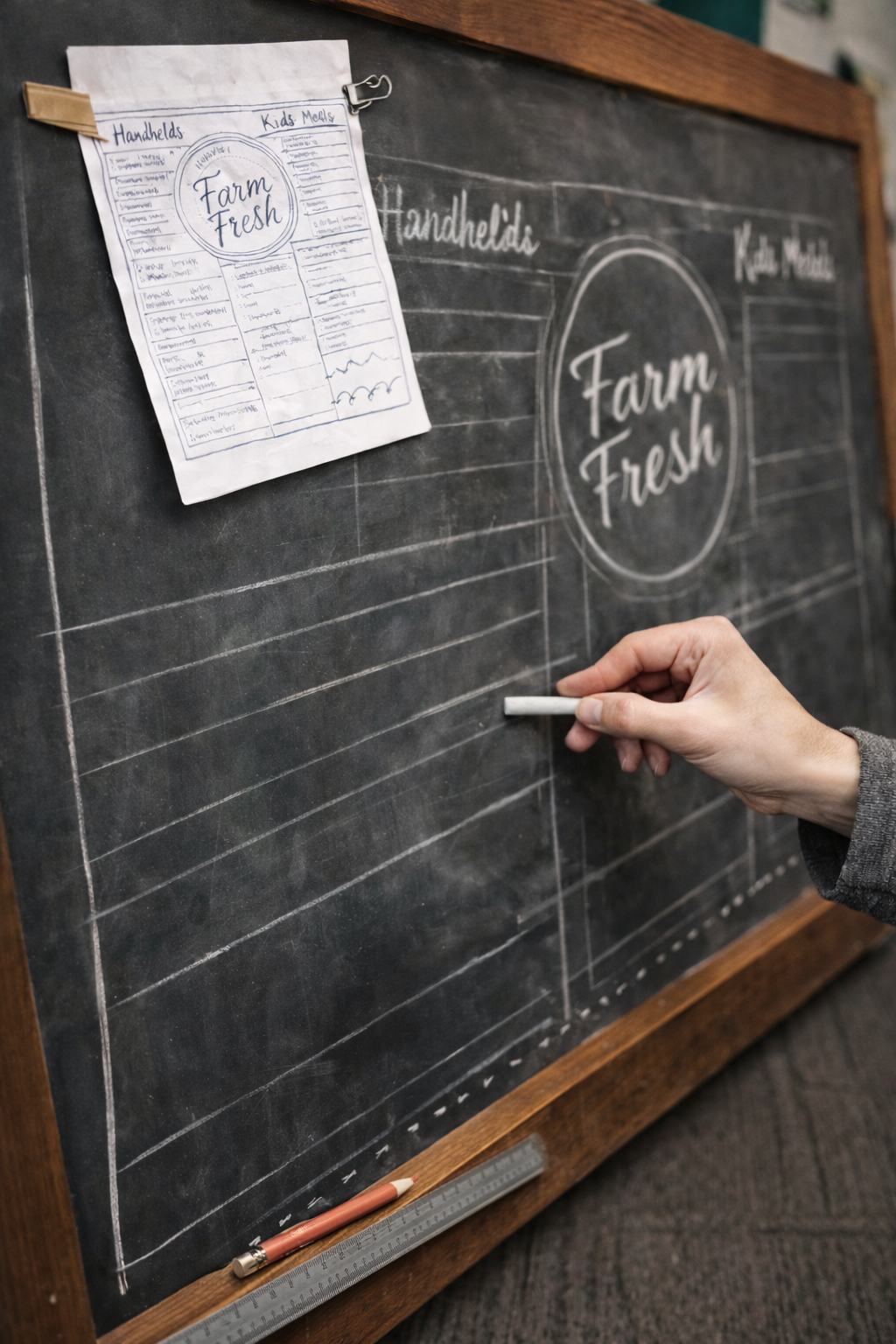 Design planning process for a custom chalkboard menu board showing hand-lettered restaurant menu layout and illustration preparation by Tagged by Amy.