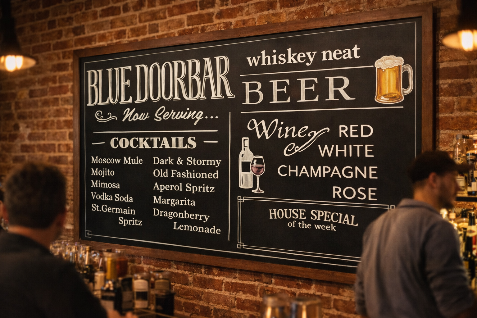 Hand-lettered restaurant chalkboard menu board installed inside a bar showing custom menu design and pricing layout.