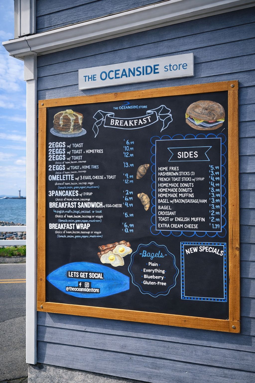 Custom hand-lettered chalkboard breakfast menu installed at The Oceanside Store in York, Maine. Professional restaurant menu board design crafted for coastal cafes and seafood shops, featuring clear pricing, branded illustrations, and durable outdoor