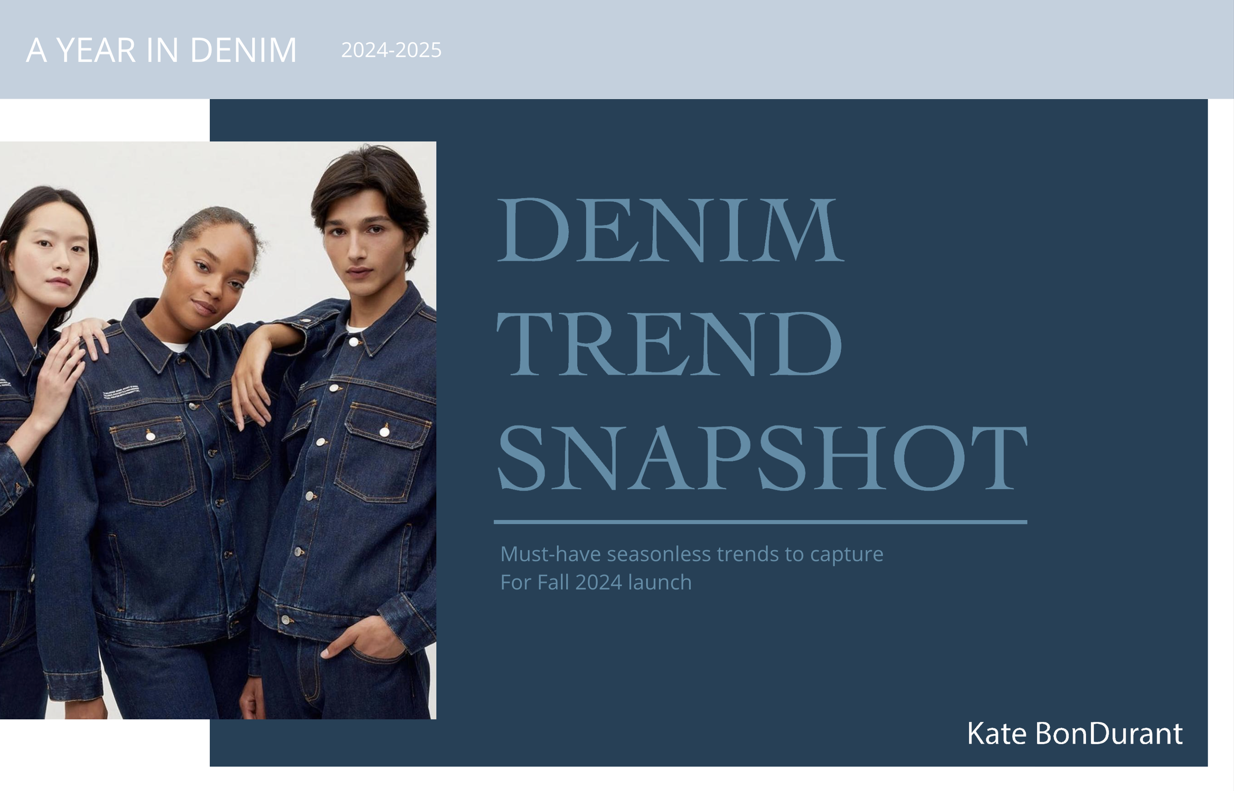 Cover page of a fashion report titled "A Year in Denim 2024-2025" with three models wearing denim jackets and jeans on the left, and the title "Denim Trend Snapshot" on the right, author Kate BonDurant.